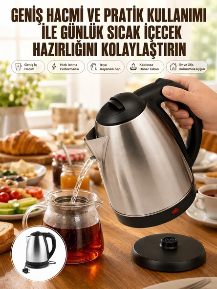 Kettle Su Isıtıcı C F Priz Uyumlu 220 - 240 V Paslanmaz Çelik Kablolu ürün görseli 1