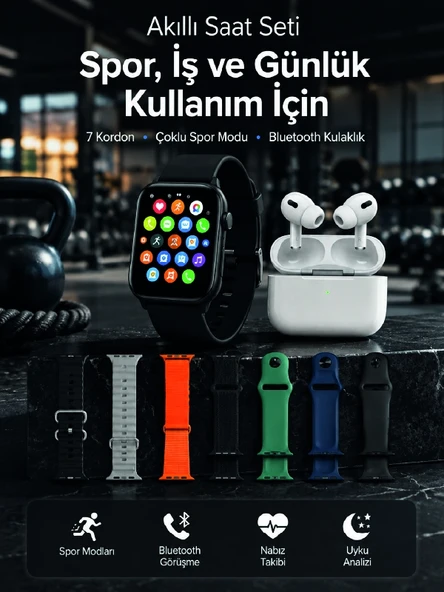 Akıllı Saat, Bluetooth Kulaklık Ve 7 Farklı Kordon Tek Kutuda Günlük Kullanım Ve Spor İçin ürün görseli 1