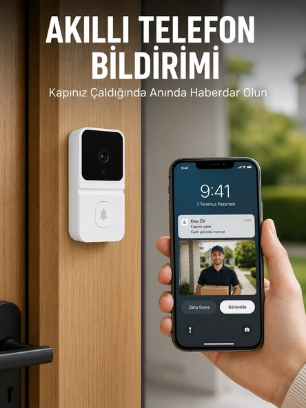 Beyaz Wi-Fi Akıllı Görüntülü Kapı Zili Hd Kamera, Gece Görüşü Ve Telefon Bildirimli Kablosuz Kapı Zili ürün görseli 1