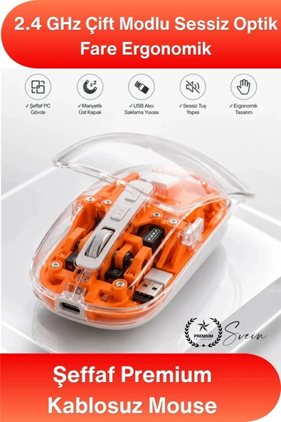 #Mouse Şeffaf Premium Kablosuz Mouse Bluetooth 5.0 2.4GHz Çift Modlu Sessiz Optik Fare USB Alıcılı Şarjlı Ergonomik Dizü ürün görseli 1