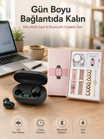 Nabız Ölçer Hediye Bileklikli Akıllı Saat Ve Dijital Göstergeli Bluetooth Kulaklık Çoklu Şarj Girişi ürün görseli 1