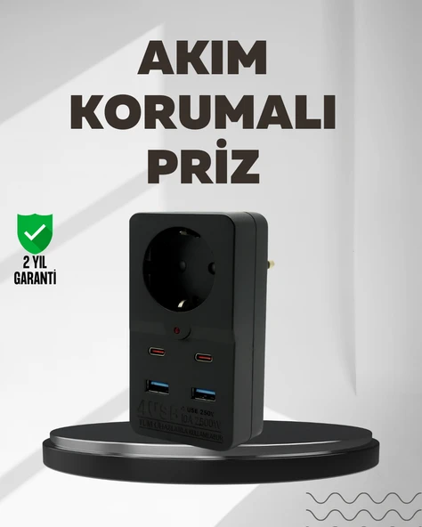 Tip Akım Koruma Prizi 10A 2500W Usb Type C Destekli ürün görseli 1