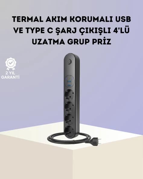 Akım Korumalı Çoklu Priz 4’Lü 2 Usb 1 2500W Güçlü Tasarım ürün görseli 1