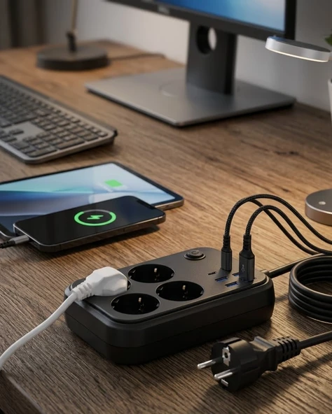 Termal Korumalı Uzatma Kablosu 4 Priz Usb Type C Çoklu İstasyonu ürün görseli 1