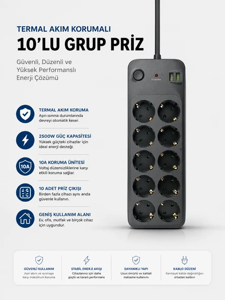 Termal Akım Korumalı Usb Girişli 10'Lu Grup Priz 2500W Güç Kapasitesi (Kopya) ürün görseli 1