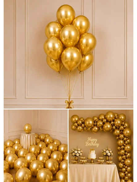 Mucit Home 10 Adet Gold Sarı Krom Balon Seti – 12 inç | Parlak ve Göz Alıcı Parti Balonları ürün görseli 1