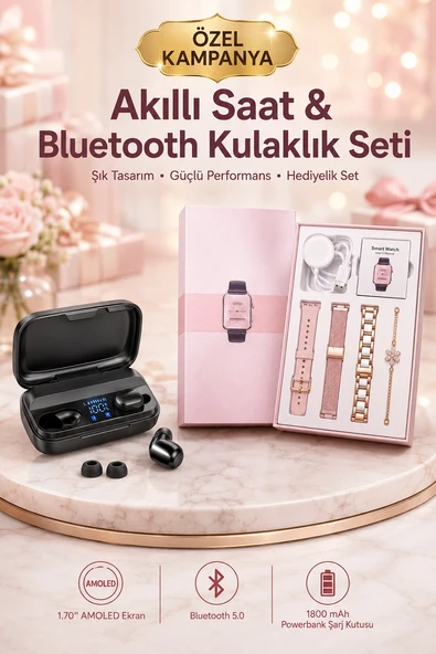 Wireless Şarjlı Pembe Akıllı Saat Ve Kablosuz Bluetooth Kulaklık Dokunmatik Kontrol ürün görseli 1