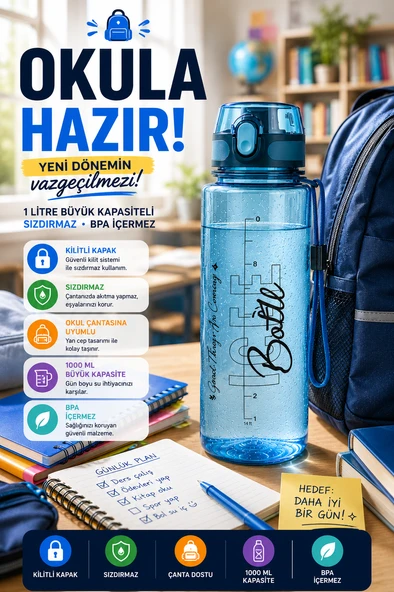 Mavi 1 Litre Suluk Matara Sızdırmaz Kilitli Kapaklı BPA İçermez Okul Spor Su Şişesi 1000 ML Askılı ürün görseli 1