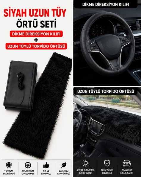 Siyah Uzun Tüylü Torpido Örtüsü (160cmx45cm) + Dikme Direksiyon Kılıfı Seti, Universal Uyumlu, Yumuşak Peluş Torpido Koruyucu ürün görseli 1