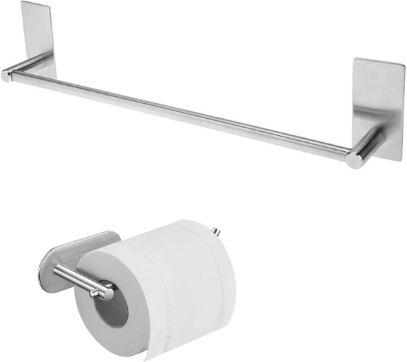 Deltahome Paslanmaz Çelik 40Cm Havluluk Tuvalet Kağıtlığı Set Hamburg - Kendinden Yapışkanlı ürün görseli 1