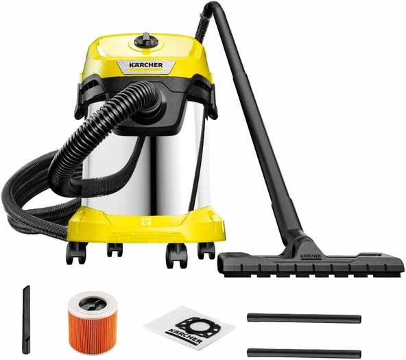 Karcher Islak/Kuru Elektrikli Süpürge Wd 3 S V-17/4/20, Kartuş Filtresi, Keçe Filtre Torbası Dahil, 1.000 W, Paslanmaz Çelik Hazne: 17 L, Emme Hortumu: 2 M Hortum Muhafazası, Üfleme Fonksiyonu ürün görseli 1