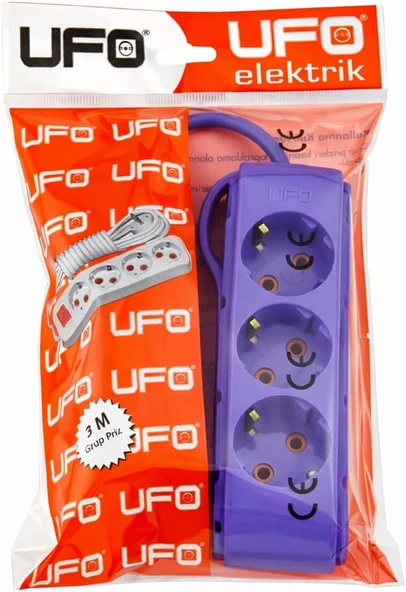 Ufo 3Lü 3 Metre Kablolu Topraklı Grup Priz, 16A 250V, Üçlü Uzatma Kablosu Mor Renk ürün görseli 1