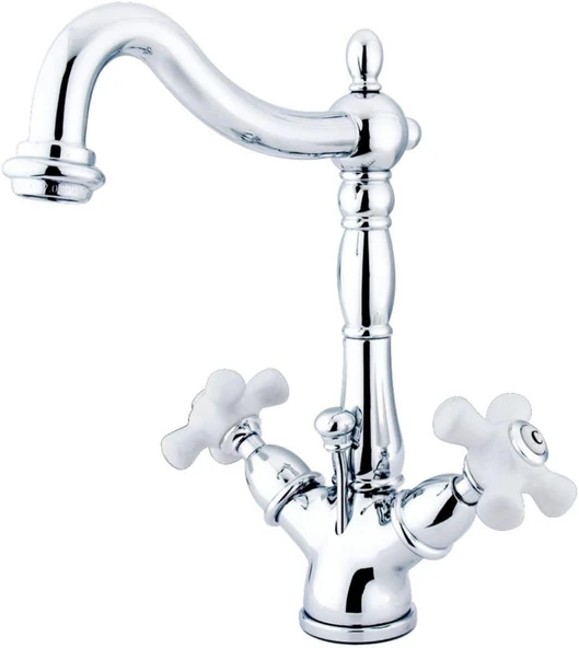 Brass Ks1431Px Heritage İki Kollu Banyo Musluğu, Porselen Çapraz Saplı, Pirinç Pop-Up, 15,7 Cm, Cilalı Krom ürün görseli 1