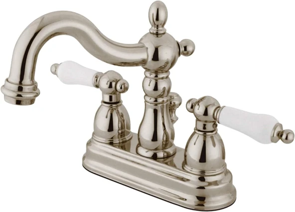 Brass Kb1606Pl Heritage 4" Porselen Kol Saplı Merkezli Lavabo Bataryası Pn, Cilalı Nikel ürün görseli 1