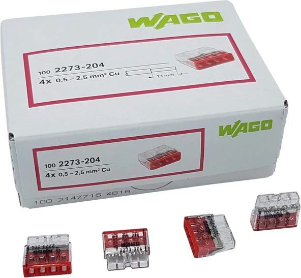 Wago 100 Adet 2273-204 Compact Bağlantı Kutusu Kelepçesi Ø 0,5-2,5 Mm², 4 Kutuplu, Şeffaf/Kırmızı ürün görseli 1