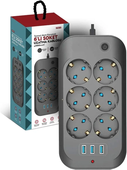 Termal Akım Korumalı Priz Çocuk Korumalı 6'Lı 2 Metre Uzatma Kablosu 6Xpriz 3Xusb Priz ürün görseli 1