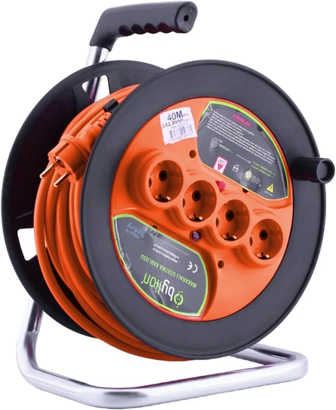 Bylion Ip20 Plastik Makaralı Seyyar 4 Prizli Uzatma Kablosu 3X2.5 Mm Cca Kablo 40 Metre Termal Sigorta ürün görseli 1