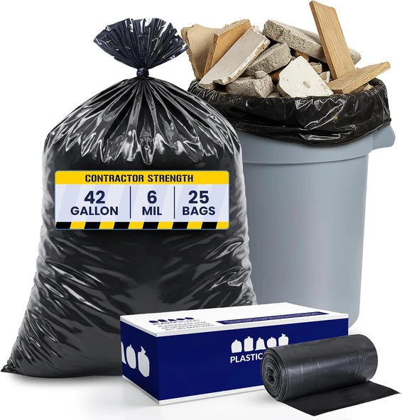 Plasticplace Yüklenici Torbaları 42 Galon (6,0 Mil) Siyah Ağır Hizmet Torbası 83,8 Cm X 122 Cm (25 Adet) ürün görseli 1