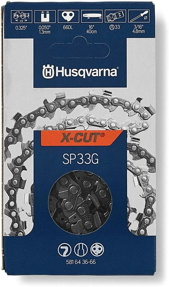 Husqvarna X-Cut Sp33G 16 İnç Elektrikli Testere Zinciri, 0325" Pitch, 0,50 Inç Ölçer, 66 Tahrik Bağlantısı, Üstün Yağlama Düşük Geri Tepme Ile Önceden Gerilmiş Motorlu Testere Bıçağının ürün görseli 1