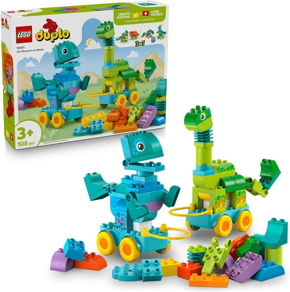 Duplo Kasabası 3’Ü 1 Arada Tekerlekli Dinozorlar 10451 - Dinozor Seven 3 Yaş Üzeri Çocuklar Için Eğitici Yaratıcı Oyuncak Yapım Seti, Doğum Günü Hediyesi(108 Parça) ürün görseli 1