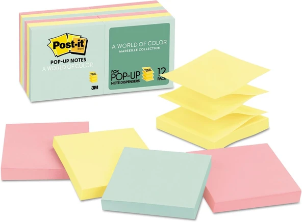 Post-It Pop-Up Notlar, 3X3 Inç, 12 Ped, Amerika'Nın 1 Numaralı Favori Yapışkan Notları, Beachside Café Koleksiyonu, Pastel Renkler, Geri Dönüştürülebilir (R330-12Ap) ürün görseli 1