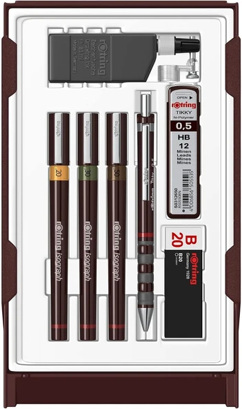 Rotring Isograph College Teknik Çizim Seti, 3 Adet Teknik Çizim Kalemi (0,2 Mm, 0,3 Mm, 0,5 Mm) + 1 Adet 0,5 Mm Tikky Mekanik Kurşun Kalem + Aksesuarlar ürün görseli 1