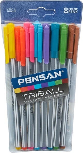 Pensan Triball Tükenmez Kalem Renkli 8'Li Vakumlu, Yeşil/Kahve/Kırmızı/Mavi/Mavi&Yeşil/Mor/Pembe/Sarı/Siyah/Turkuaz/Turuncu ürün görseli 1
