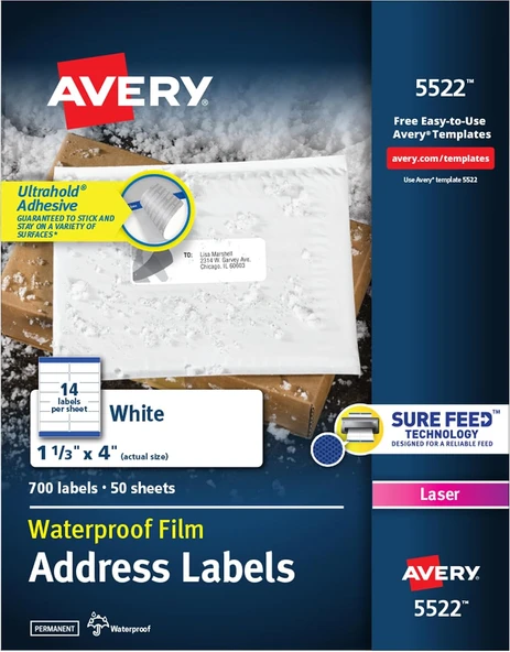 Avery Ultrahold Kalıcı Yapışkanlı Su Geçirmez Etiketler, 1-1/3" X 4", Yazıcılar Için 700 Etiket (5522) ürün görseli 1