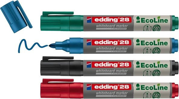 Edding 28 Ecoline Beyaz Yazı Tahtası Kalemi, 4'Lü Set, Karışık Renkler, Yuvarlak Uç, Yeniden Doldurulabilir ürün görseli 1