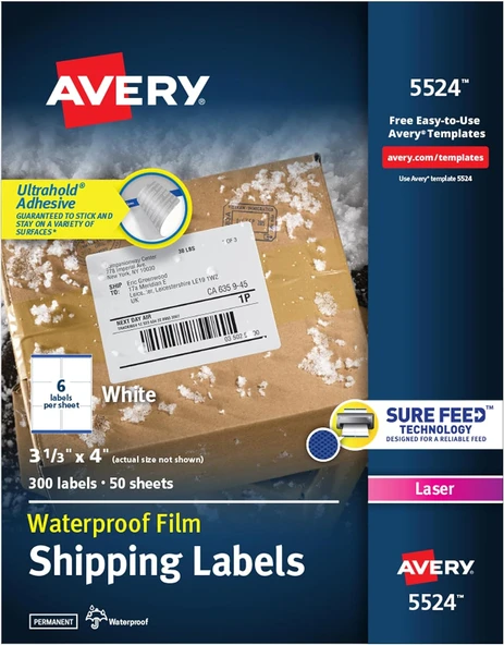 Avery Emin Beslemeli Suya Dayanıklı Yazdırılabilir Nakliye Etiketleri, 3-1/3" X 4", Beyaz, 300 Boş Posta Etiketi (5524) ürün görseli 1