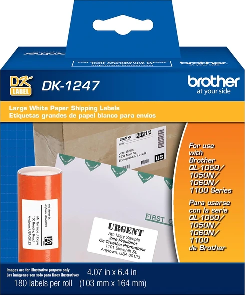 Brother Brother Ql Etiket Yazıcıları Için Dk-1247 Kalıp Kesim Büyük Beyaz Kağıt Etiketler - Rulo Başına 180 Etiket 4,07 Inç X 6,4 Inç (103 Mm X 164 Mm) ürün görseli 1