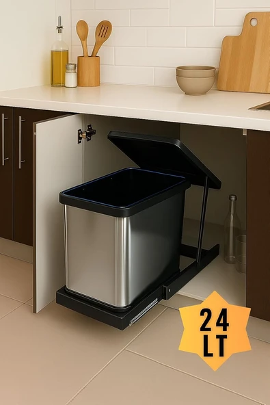 Cassone Krom, Dolap Içi Teleskopik Raylı Paslanmaz Krom Kovası 24 Litre, Minimum Kapak Genişliği 40 Cm. ürün görseli 1