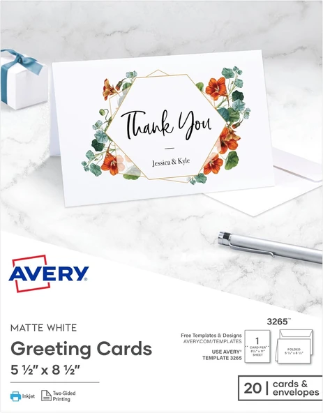 Avery Greeting Cards, Inkjet Yazıcılar, 20 Boş Kart Zarf, 5,5 X 8,5, Katlanmış (3265) ürün görseli 1