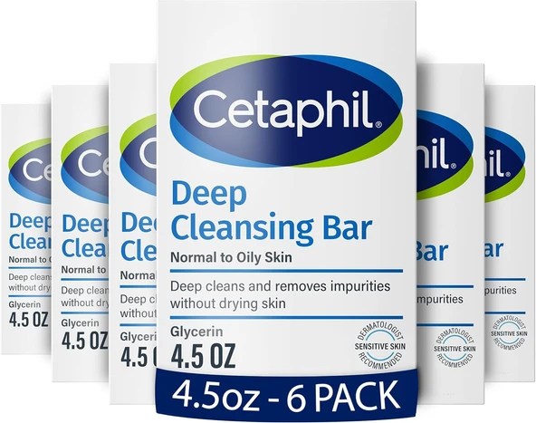 Cetaphil Bar Soap, Deep Cleansing Face And Body Bar, Pack Of 6, For Dry To Normal, Sensitive Skin, Soap Free, Hypoallergenic, Paraben Free, Fragrance Free, Removes Makeup, Dirt And Oil ürün görseli 1