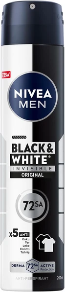 Men Erkek Sprey Deodorant Black&White Invisible 200Ml, 72 Saat Anti-Perspirant Ter Koruması ürün görseli 1