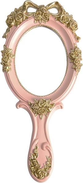 Nerien El Aynası Makyaj Aynası Seyahat Prenses Metal Kozmetik Aynası Taşınabilir Oval Kabartmalı Gül Aynaları Dekoratif Masa Kız Öğrenci Güzel Saplı Aynalar Pembe-3 ürün görseli 1