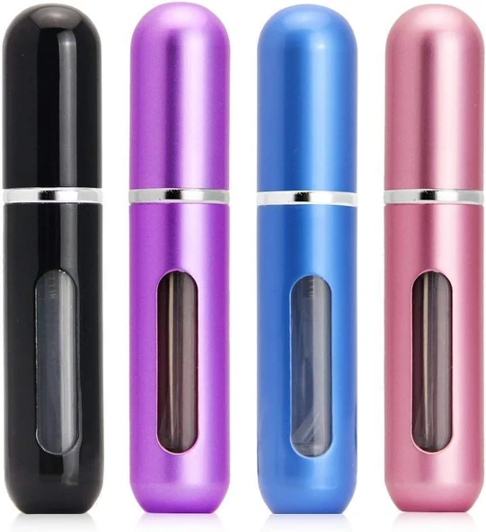 Parfüm Şişeleri (5 Ml, 4 Adet), Seyahat Doldurulabilir Parfüm Püskürtme Şişesi, Pencereli Boş Şişe, Cüzdanınıza, Cebinize Veya Bavulunuza Uyar (Metalik - Siyah, Mavi, Mor, Pembe) ürün görseli 1