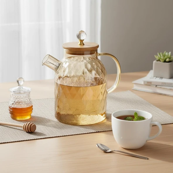 Deconox 1600 Ml Kristal Desenli Isıya Dayanıklı Cam Demlik - Ahşap Kapaklı, Gold Detaylı Büyük Boy Borosilikat Çaydanlık ürün görseli 1