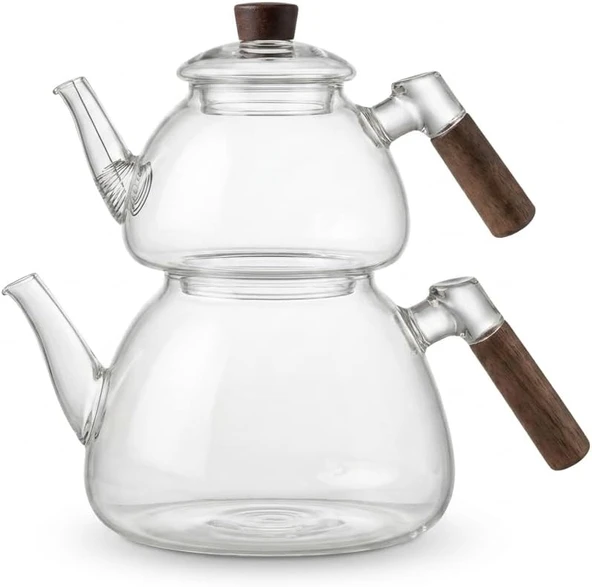 Deconox 1800 Ml + 550 Ml Akasya Cam Çaydanlık Takımı - Ahşap Kulplu, Isıya Dayanıklı Borosilikat Şeffaf Çaydanlık, Yaylı Süzgeçli Şık Lüks Tasarım ürün görseli 1