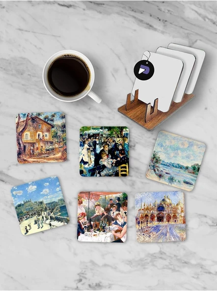 Postermanya (Pster21252) Auguste Renoir Temalı Standlı Ahşap Bardak Altlığı Seti, 6 Adet Baskılı Bardak Fincan Kahve Altlığı ürün görseli 1