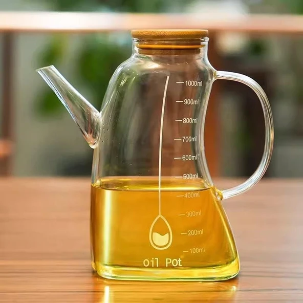 Deconox 1000Ml Bambu Kapaklı Cam Yağlık Sirkelik – Dayanıklı Şeffaf Sıvı & Mutfak İçin Hassas Sıvı Ölçüm Saklama Çözümü 1000Ml - Cam Sürahi Sıvı Ölçü Kabı ürün görseli 1