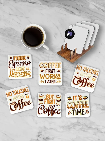 Postermanya (Pster21269) Kahve Coffee Motto Standlı Ahşap Bardak Altlığı Seti, 6 Adet Baskılı Bardak Fincan Kahve Altlığı ürün görseli 1