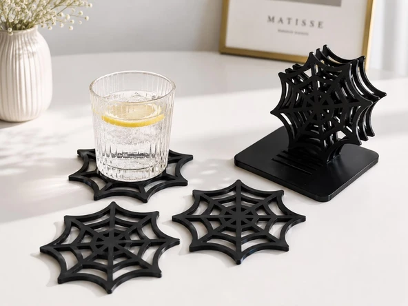 Örümcek Ağı Bardak Altlığı Seti | 6 Adet Bardak Altlığı Standı | Pla 3D Baskı ürün görseli 1