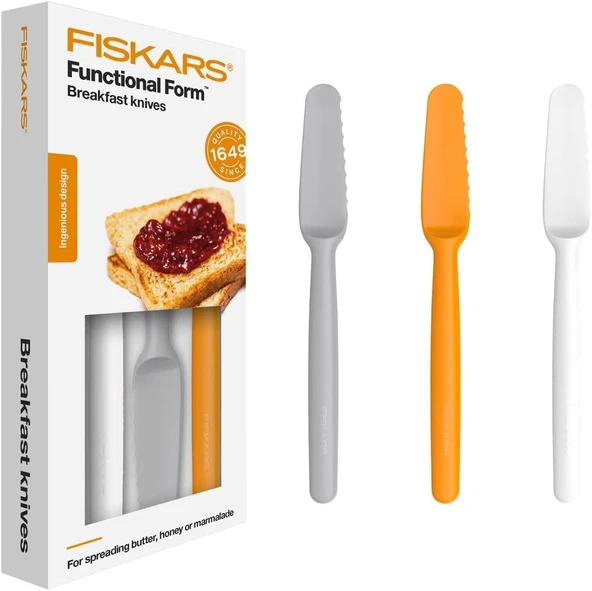 Fiskars Fruehstuecksmesser 3 Parça, Toplam Uzunluk: 22 Cm, Plastik, Beyaz/Turuncu/Gri, Fonksiyonel Form, 1016121 ürün görseli 1