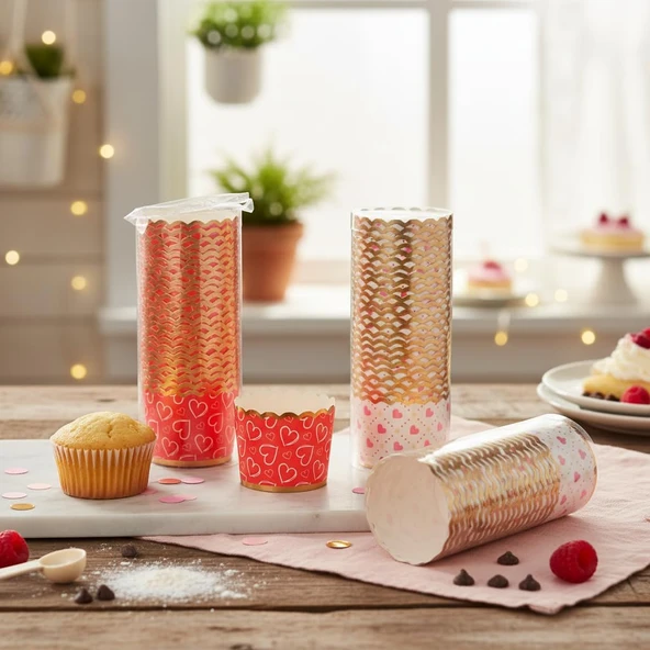 Deconox Desenli 25'Li Muffin Cupcake Kalıbı - Asorti Renkli (Kırmızı/Beyaz) Kağıt Kek Kapsülü ürün görseli 1