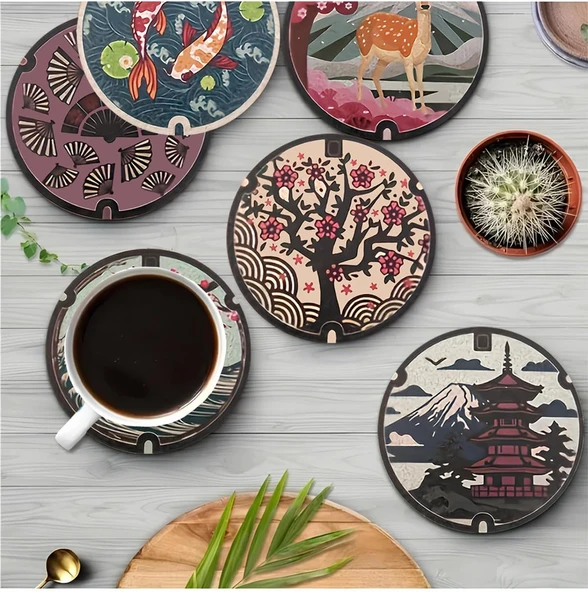 Japon Sanatı Temalı 6’Lı Bardak Altlığı – Mdf – 10 Cm Brd-041 ürün görseli 1