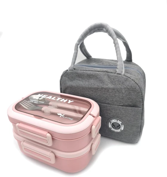 Valkyrie 304 Çelik Bölmeli Lunch Box Seti | Termal Çantalı, Bölmeli, Çatal Kaşıklı, Sızdırmaz Yemek Kabı Pembe ürün görseli 1