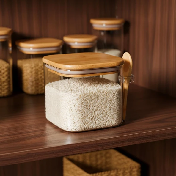 Deconox 600 Ml Bambu Kapaklı Kaşıklı Kare Cam Kavanoz, Vakumlu Ahşap Kapaklı Baharatlık, Kendinden Kaşık Yuvalı Şeker, Kahve Banyo Tuzu Saklama Kabı ürün görseli 1