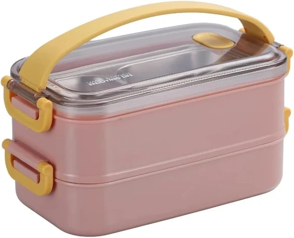 Vagonlife Bento 1400Ml Lunchbox 2 Katlı Çelik Sefer Tası Yemek Kutusu (Pembe) ürün görseli 1