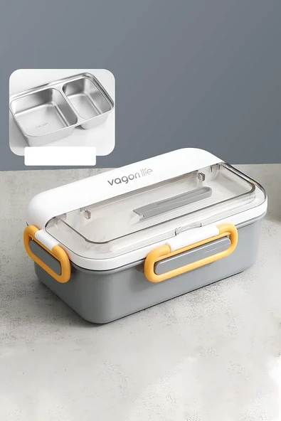 Vagonlife Tek Kat Çift Bölme Bento Lunch Box Ofis-Okul İçin Yeni Nesil Sefer Tası Paslanmaz Çelik 588 Gri ürün görseli 1
